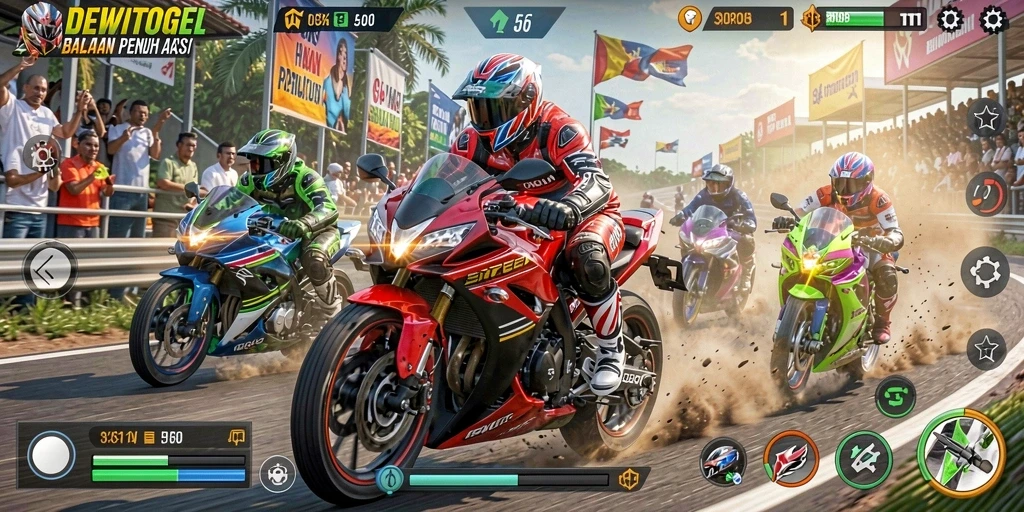 Tampilan gameplay balapan motor yang seru dan mendebarkan.