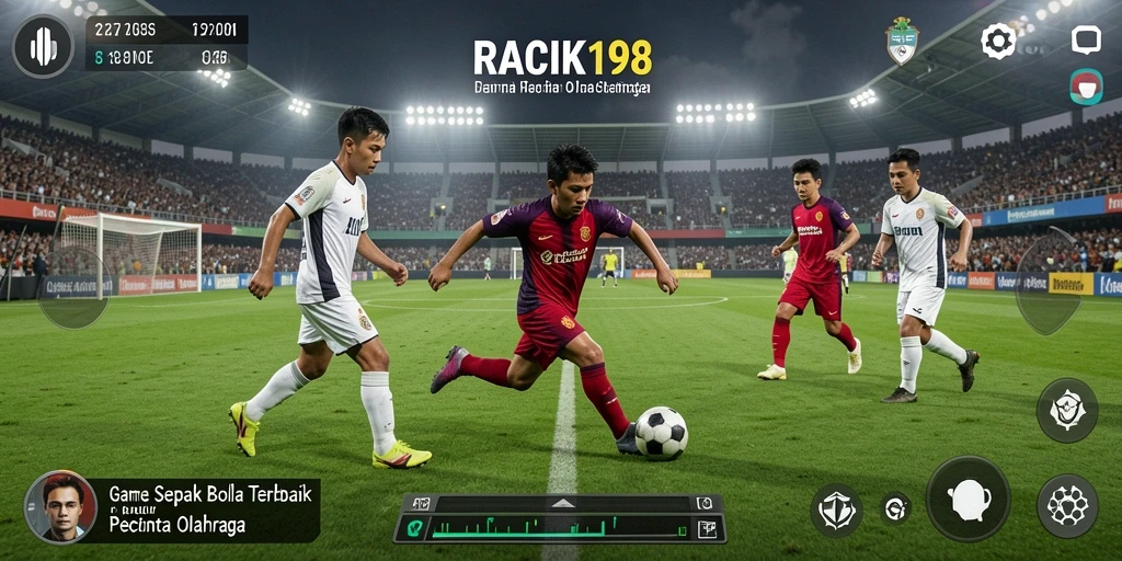 Tampilan gameplay utama RACIK198 menampilkan aksi sepak bola yang seru.