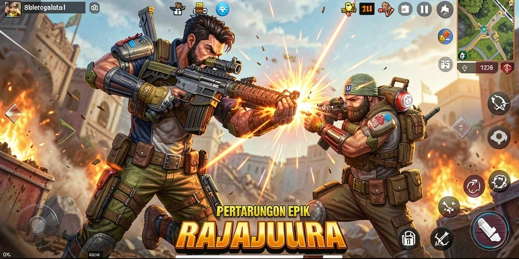 Gameplay seru dalam RAJAJUARA dengan pertempuran epik di arena Battle Royale.