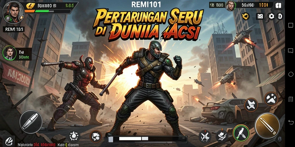 Screenshot REMI101 menampilkan aksi gameplay yang mendebarkan dengan karakter dan musuh yang beragam.