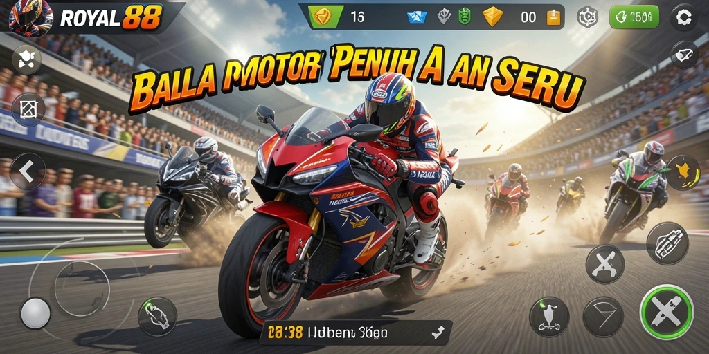 Tangkapan layar utama ROYAL88 menunjukkan keseruan balapan motor yang menegangkan.